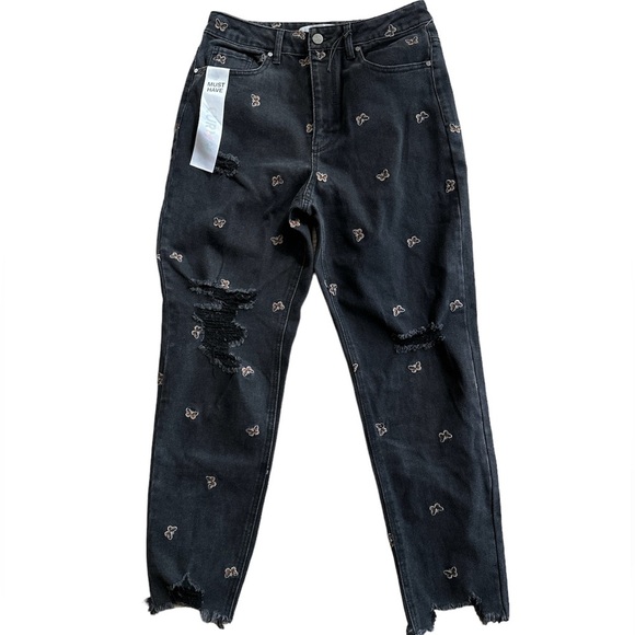 TINSELTOWN Black Embroidered Distressed Curvy Size 11 Waist 14 Jeans BNWT - Picture 1 of 11